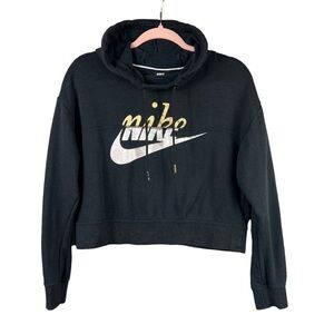 Nike Black Cropped Hoodie with Gold and White Logo
